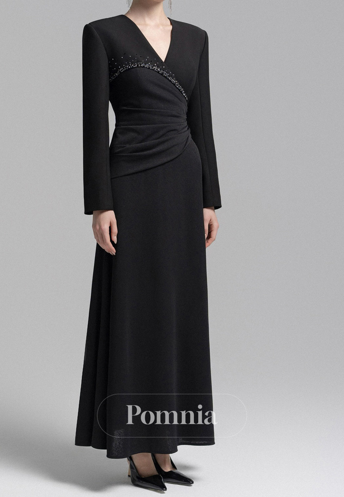 Elegant Long Sleeves V-Neck Ruched Satin Evening Dress