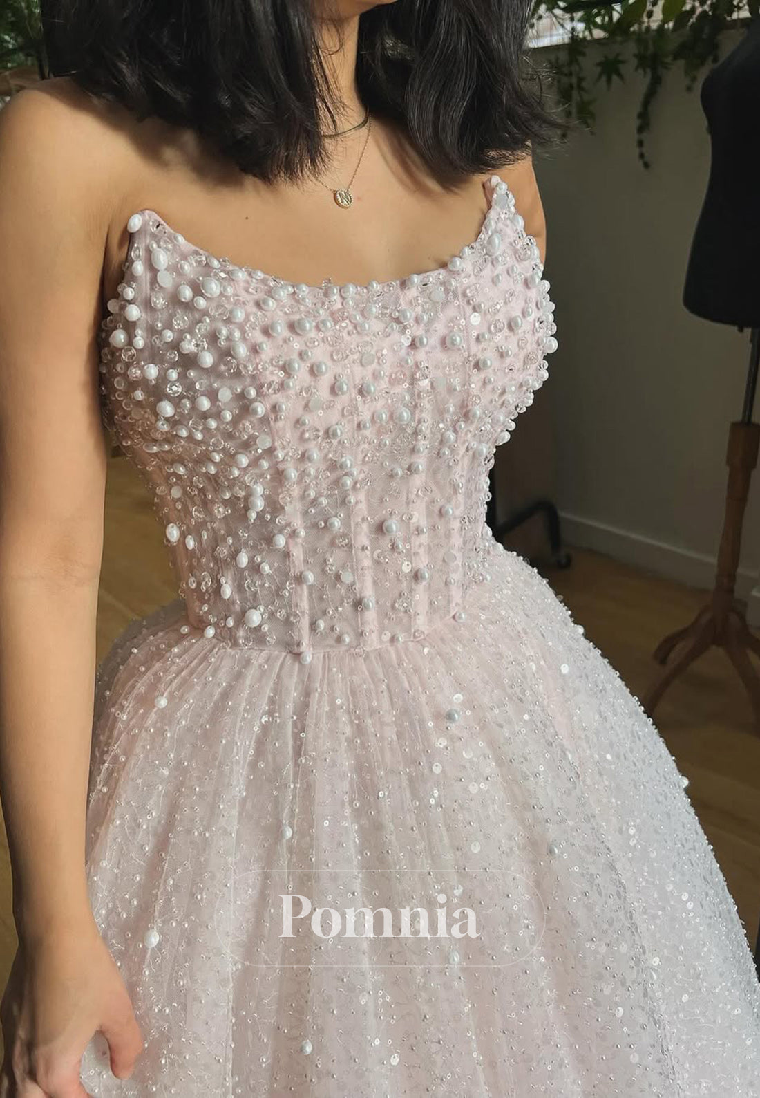 A-Line Strapless Sleeveless Pearls Empire-Waist Wedding Dress