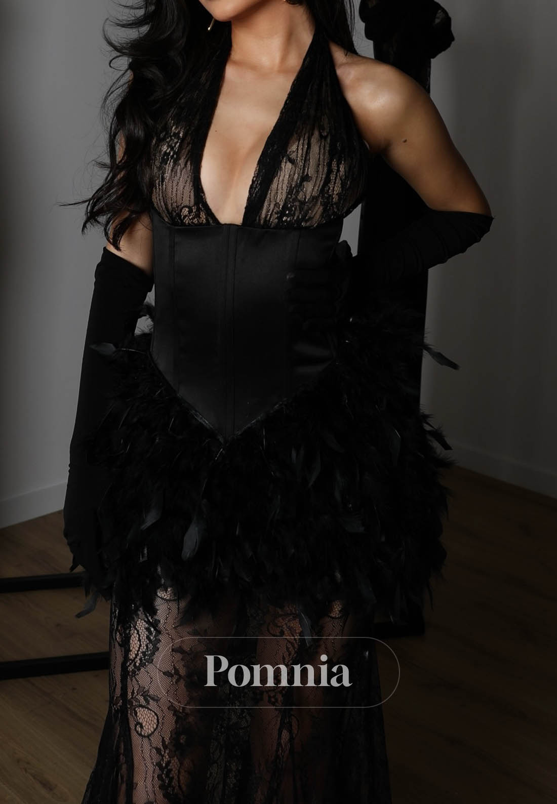 Black Halter Sleeveless Backless Feathers Prom Dress