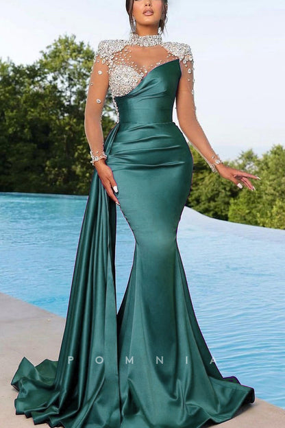 P2071 - Flattering Mermaid Beaded Pleated Long Sleeves Satin Long Prom Evening Dress