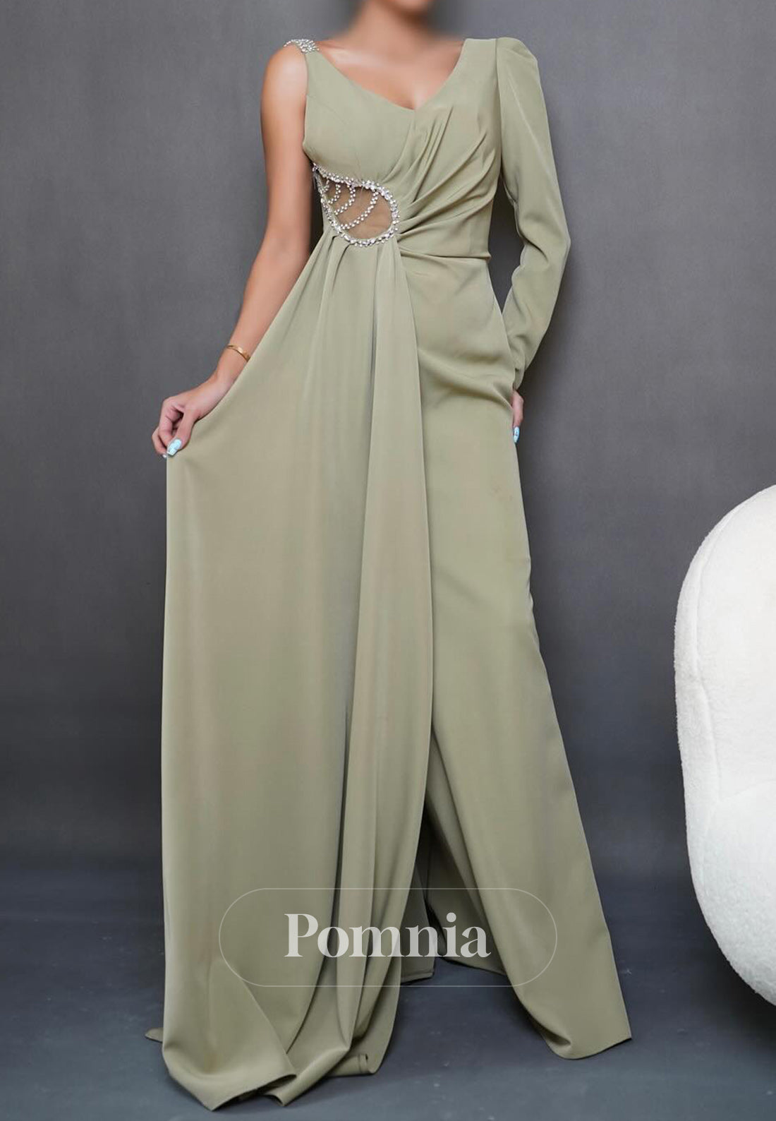 A-Line Long Sleeves Scoop Beads Satin Evening Dress
