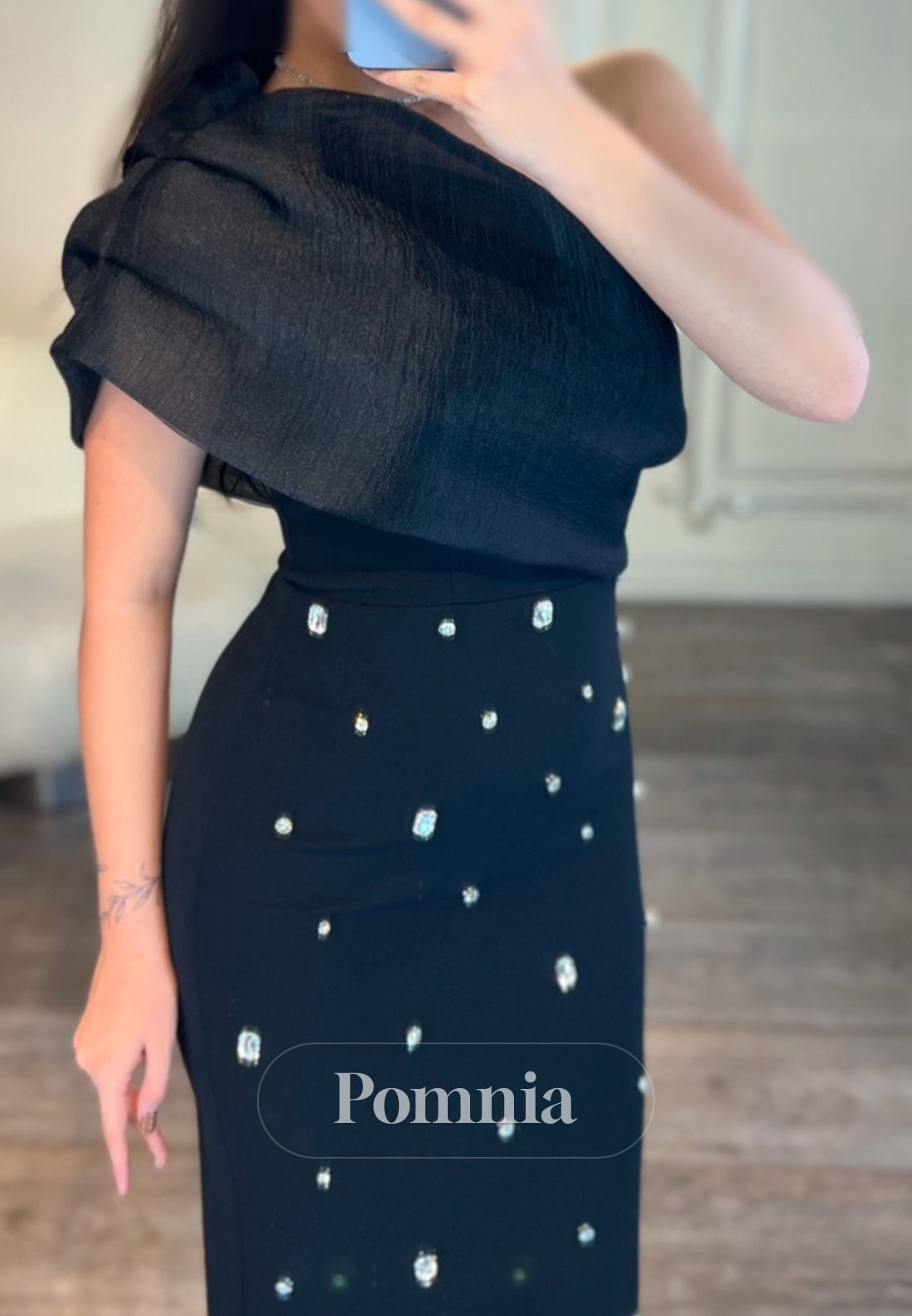 Black One Shoulder Sleeveless Pearls Evening Dress