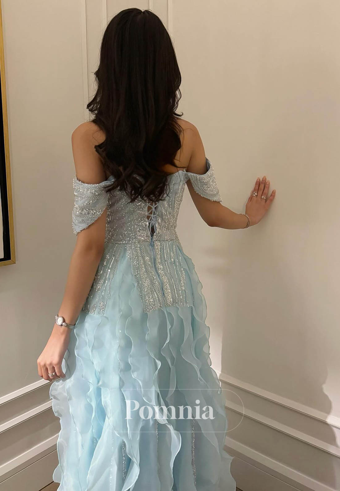 Sky Blue Sleeveless Strapless Sequins Prom Dress