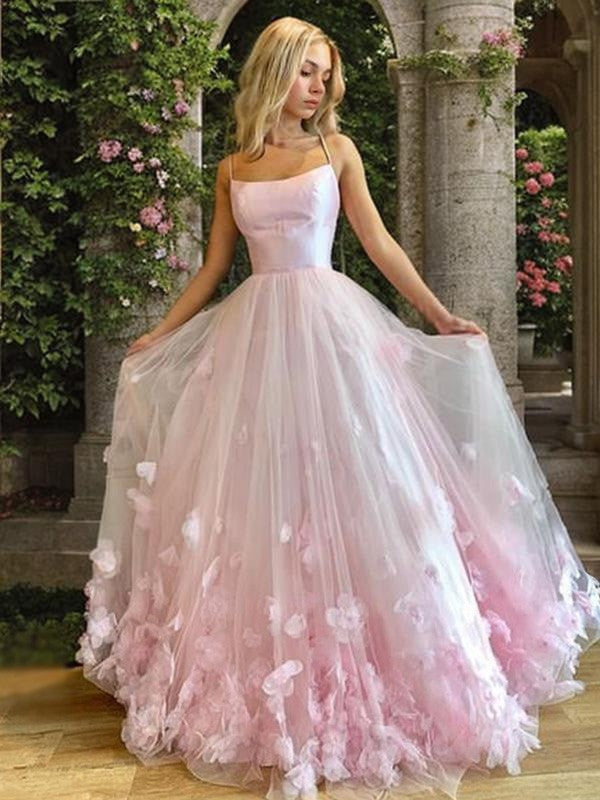 A-Line/Princess Bateau Tulle Applique Floor-Length Sleeveless Dresses