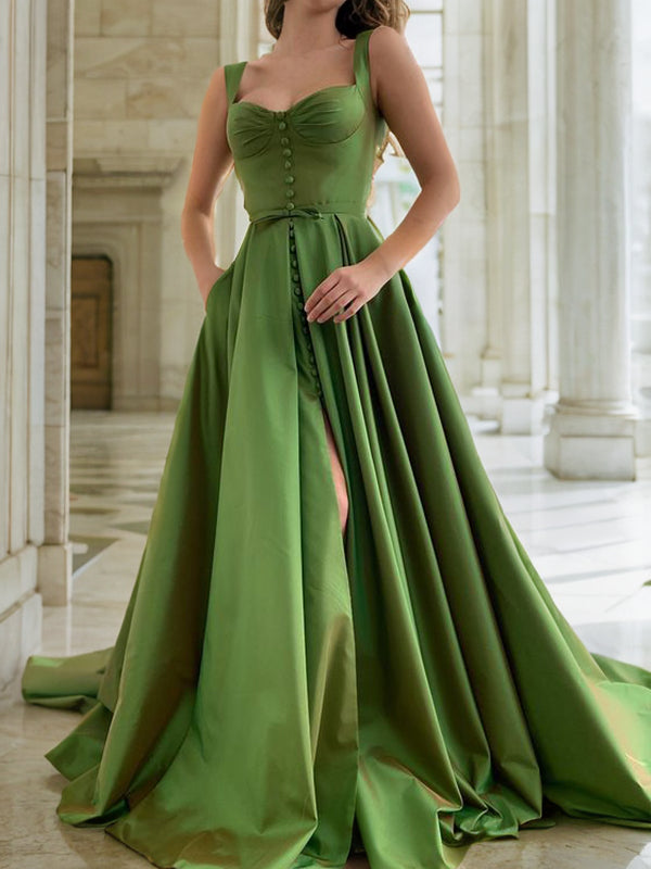 A-Line/Princess Court Train Straps Sleeveless Satin Ruffles Dresses