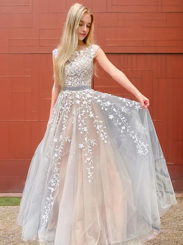 A-Line/Princess Tulle Applique Bateau Sleeveless Floor-Length Dresses