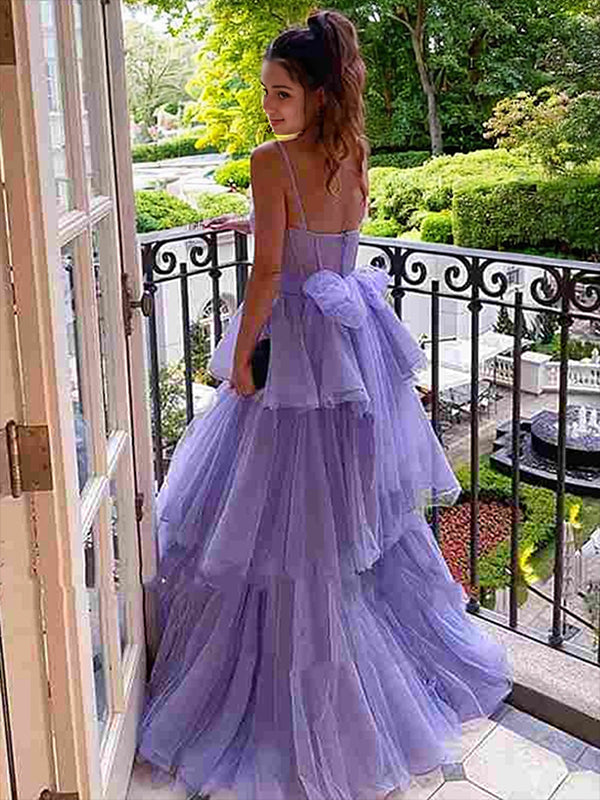 A-Line/Princess Tulle Layers Spaghetti Straps Sleeveless Floor-Length Dresses