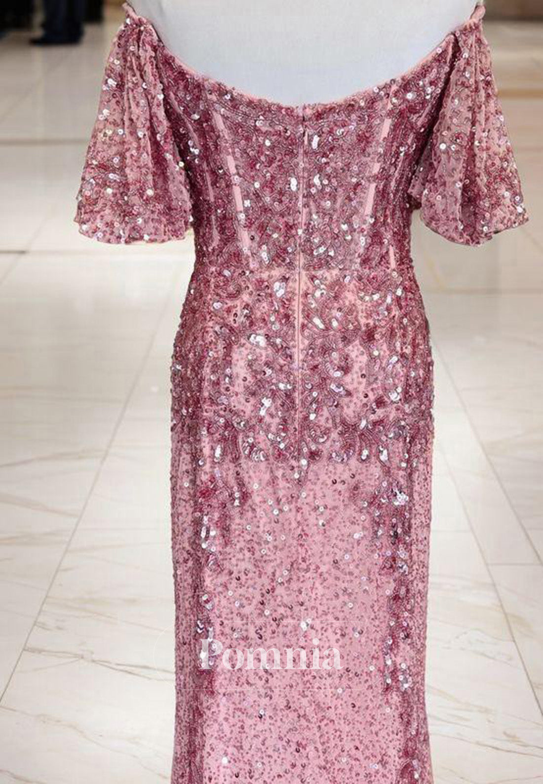 Sheath Column Beading Off-Shoulder Short Sleeves Prom Dress