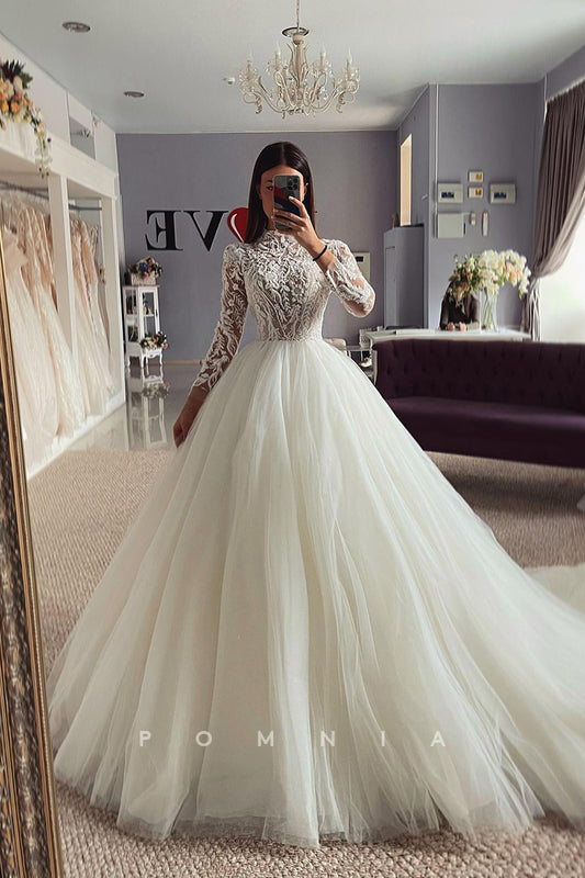 P3144 - A-Line Long Sleeves Lace Appliques Empire-Waist Tulle Beach Wedding Gown