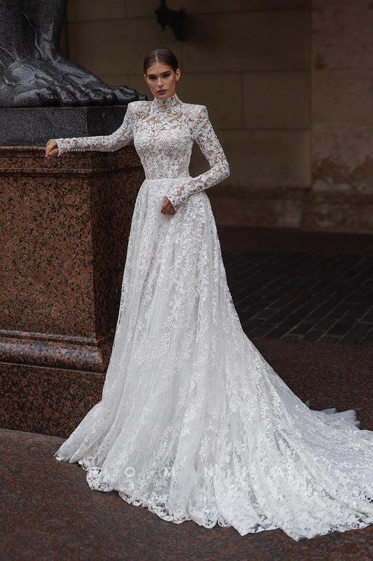 P3137 - Stunning A-Line Lace long Sleeves Empire-Waist Long Bohemian Wedding Dress