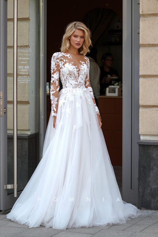 P3138 - A-Line Empire-Waist Lace Appliques Long Sleeves Tulle Bohemian Wedding Dress
