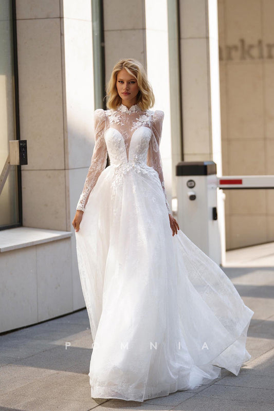 P3132 - A-Line Illusion Neck Empire-Waist Long Sleeves Lace Appliques Bohemian Wedding Gown