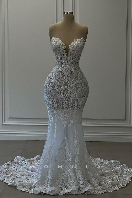 P3117 - Mermaid Strapless Illusion V-Neck Lace Appliques Long Beach Wedding Dress