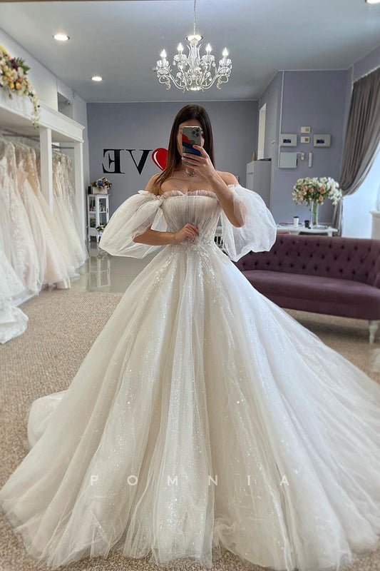 P3157 - A-Line Empire-Waist Strapless Long Sleeves Appliques Tulle Beach Wedding Gown