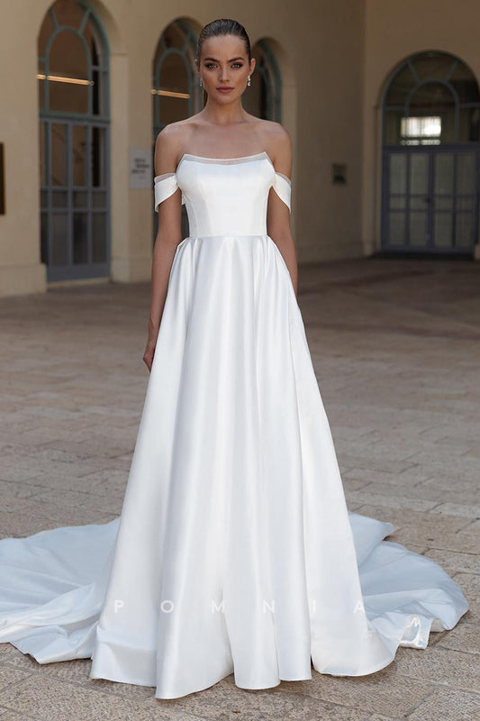 P3104 - A Line Strapless Satin Simple Elegant Wedding Dress with Pockets