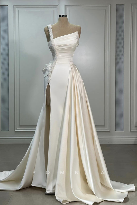 P3119 - A-Line Empire-Waist One Shoulder High Slit Beaded Pleated Long Beach Wedding Dress
