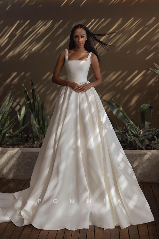 P3139 - A-Line Square Straps Pleated Sleeveless Empire-Waist Long Beach Wedding Gown