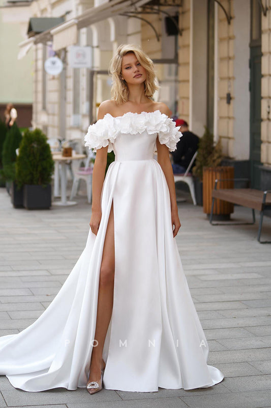 P3136 - A-Line Strapless High Slit Cap Sleeves Ruched Satin Long Beach Wedding Dress