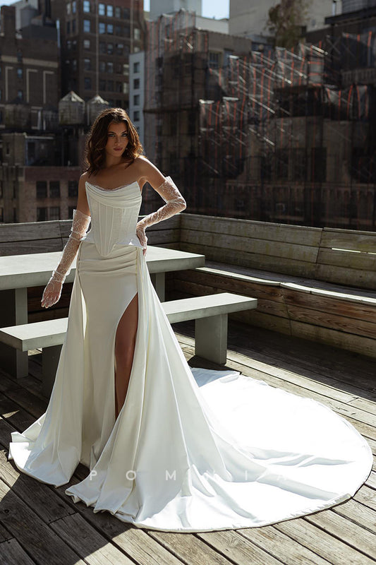 P3105 - Strapless Satin Scoop Ruched Mermaid Long Wedding Dress with Slit