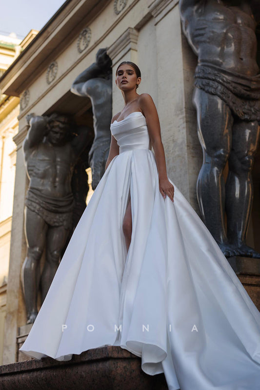 P3140 - A-Line Strapless High Slit Sleeveless Pleated Satin Long Beach Wedding Dress