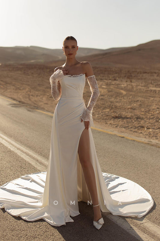 P3107 - Strapless Scoop Satin Ruched Long Mermaid Wedding Dress with Slit