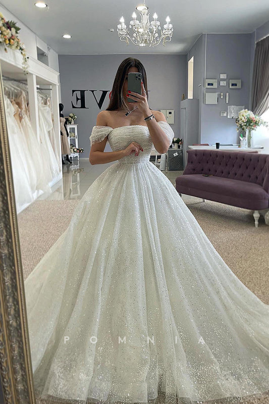 P3145 - Strapless A-Line Glitter Empire-Waist Pleated Long Beach Wedding Dress