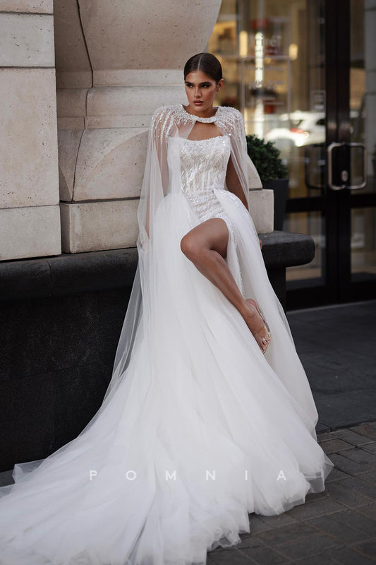 P3141 - Amazing Strapless Scoop A-Line Tulle High Slit Sleeveless Bohemian Wedding Dress