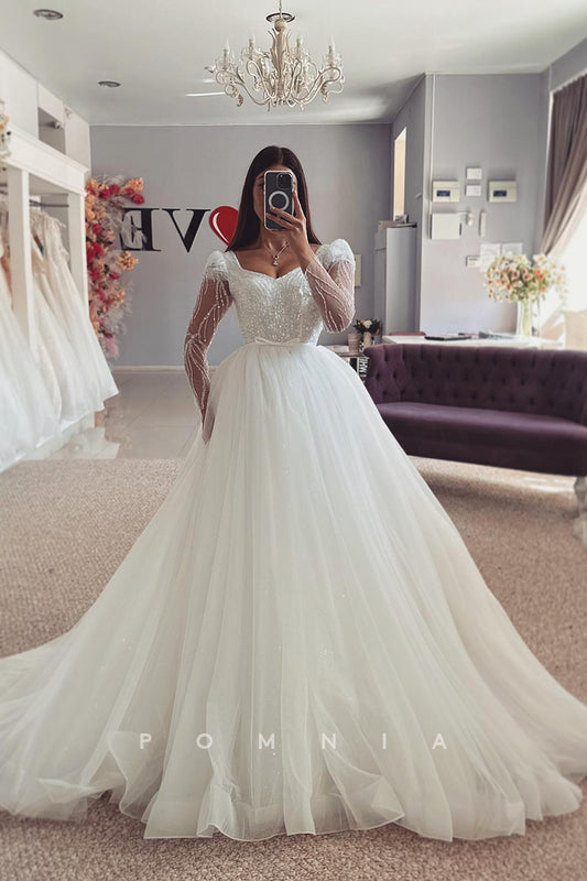 P3154 - Modern Long Sleeves A-Line Empire-Waist Tulle Long Beach Wedding Dress