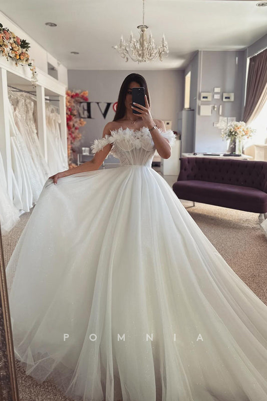 P3156 - A-Line Strapless Cap Sleeves Empire-Waist Tulle Long Beach Wedding Dress