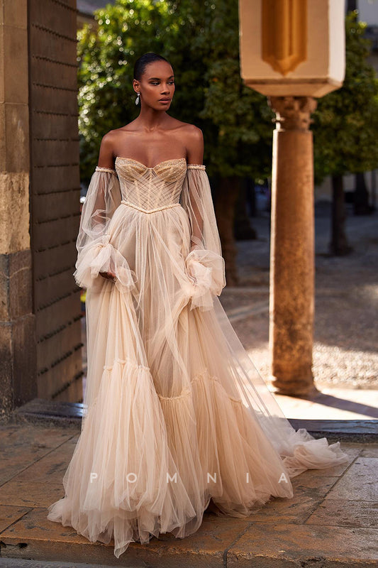 P3114 - A-Line Strapless Sweetheart Empire-Waist Tulle Long Sleeves Bohemian Wedding Dress