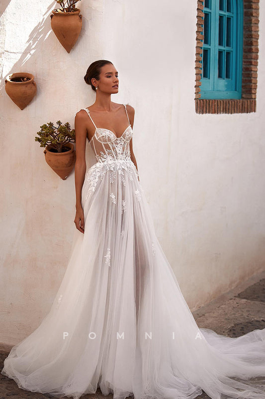 P3113 - A-line Sweetheart Lace Appliques Sleeveless Tulle Long Boho Wedding Dress