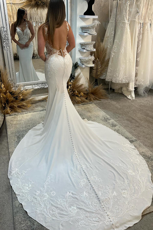 P3131 - Mermaid/Trumpet V-Neck Lace Appliques Sleeveless Beach Wedding Dress