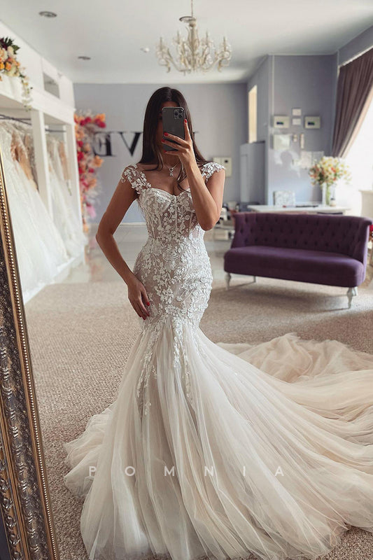 P3159 - Mermaid Lace Appliques Sleeveless Tulle Long Bohemian Wedding Dress