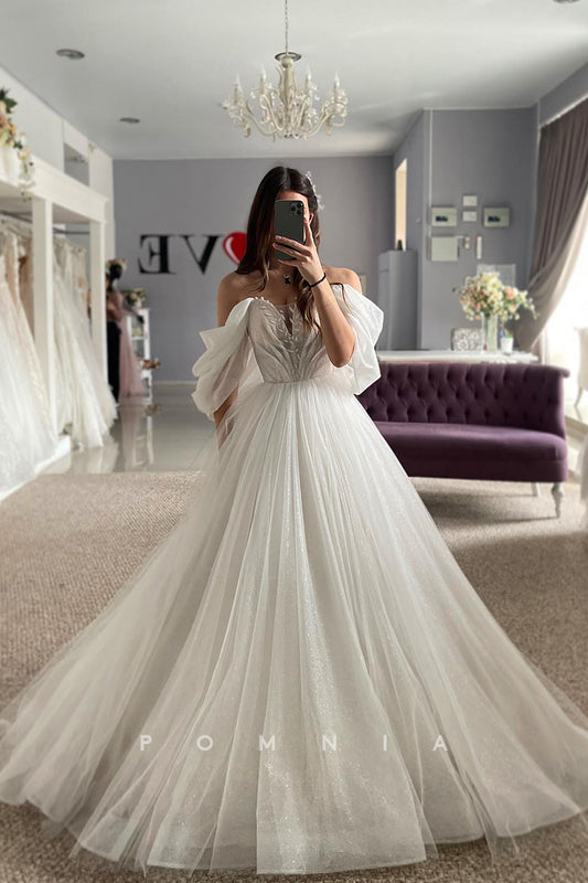 P3146 - A-Line Strapless Empire-Waist V-Neck Tulle Long Bohemian Wedding Dress with Sleeves