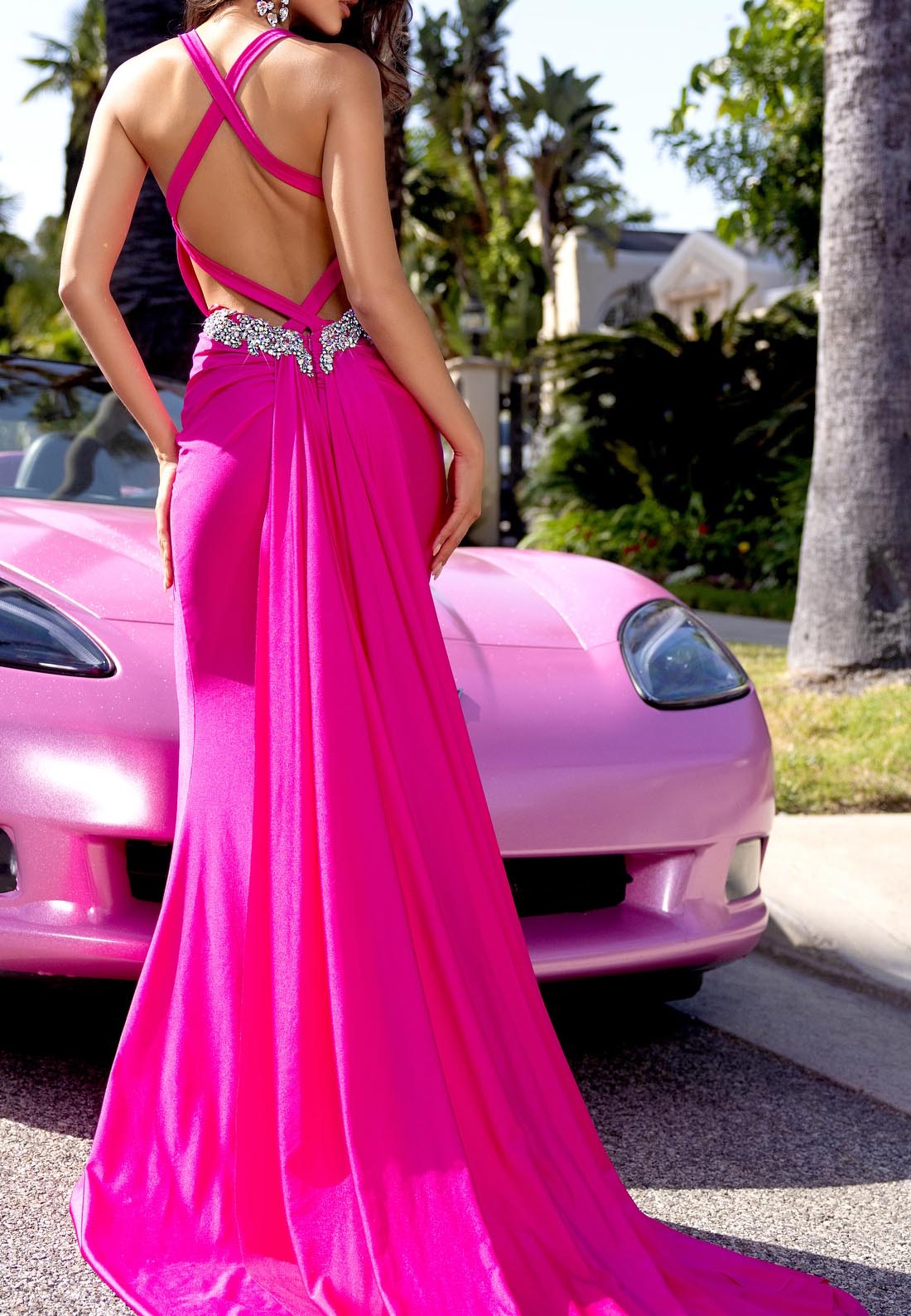 Fuchsia Spaghetti Straps Sweetheart Backless Evening Dress