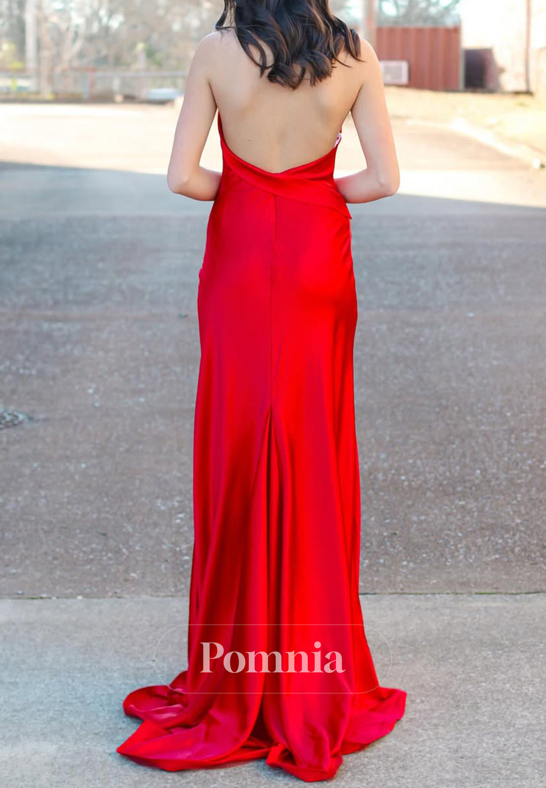 Red Halter Sleeveless Prom Dress with Slit Backless Evening Party Dress