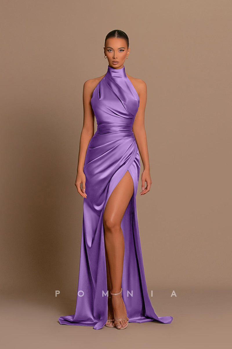 P1228 - High Neck Pleats Sleeveless Side Slit Satin Foemal Prom Evening Dress