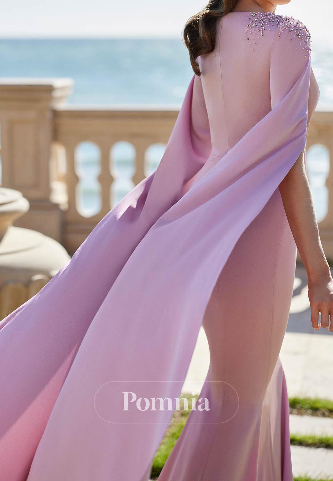 Blushing Pink Long Sleeves Scoop Beads Satin Evening Dress