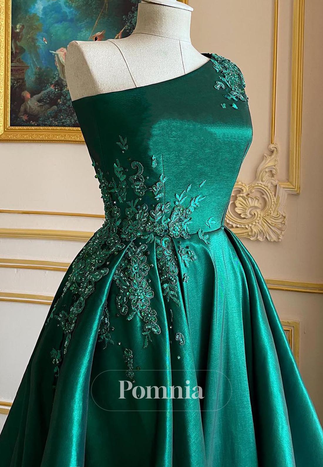 Dark Green One Shoulder Sleeveless A-Line Evening Dress