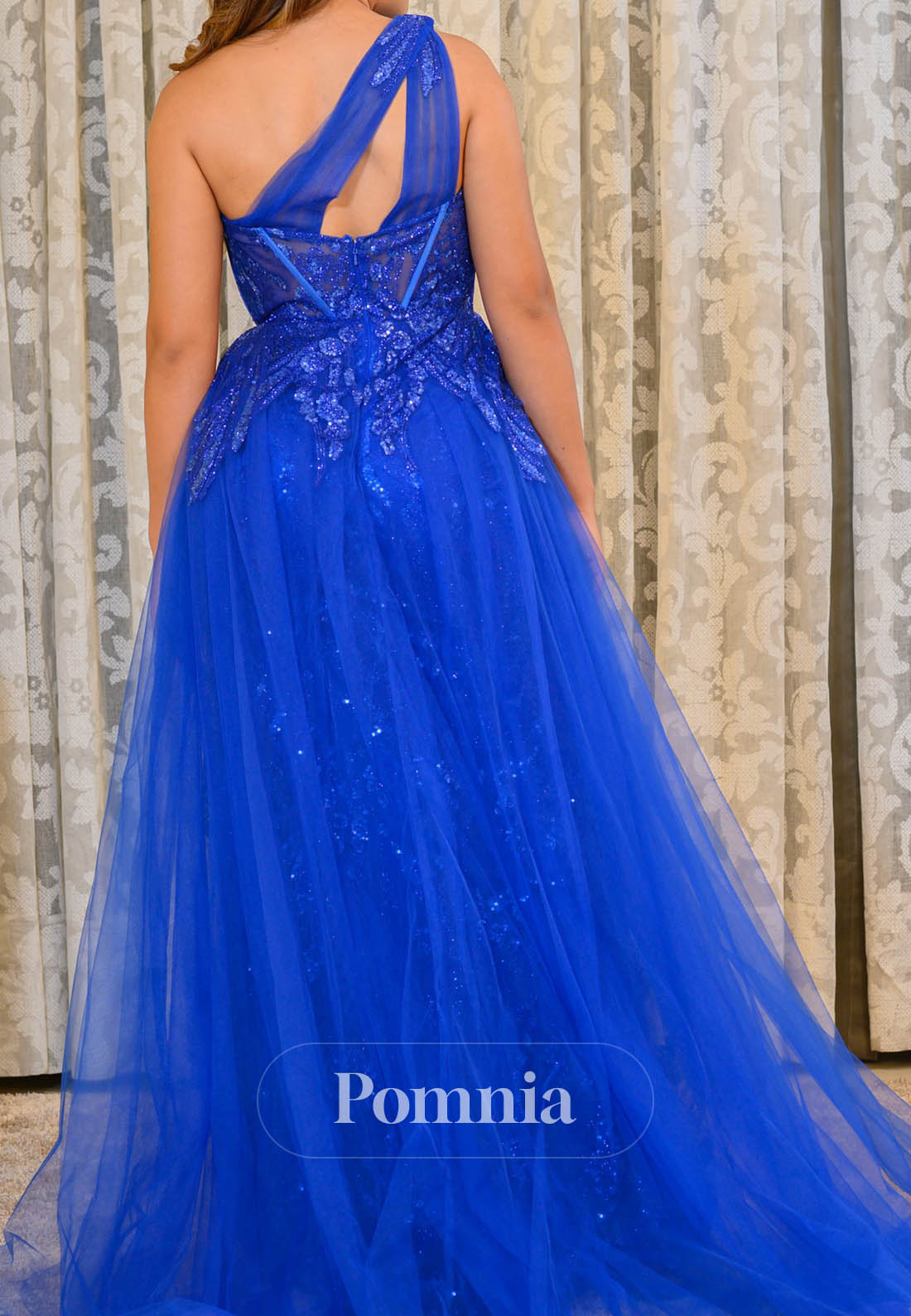 Royal Blue One Shoulder Sleeveless Slit Lace Prom Dress