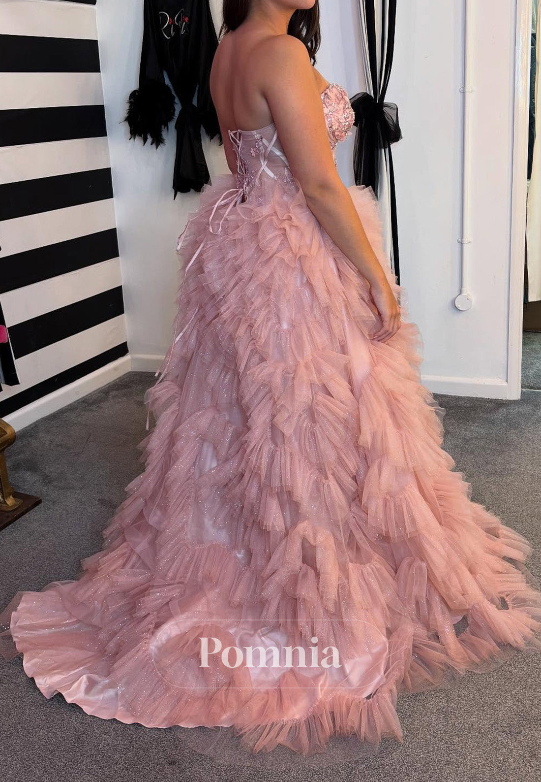 Blushing Pink Sleeveless Strapless Ruffles Sequins Prom Dress