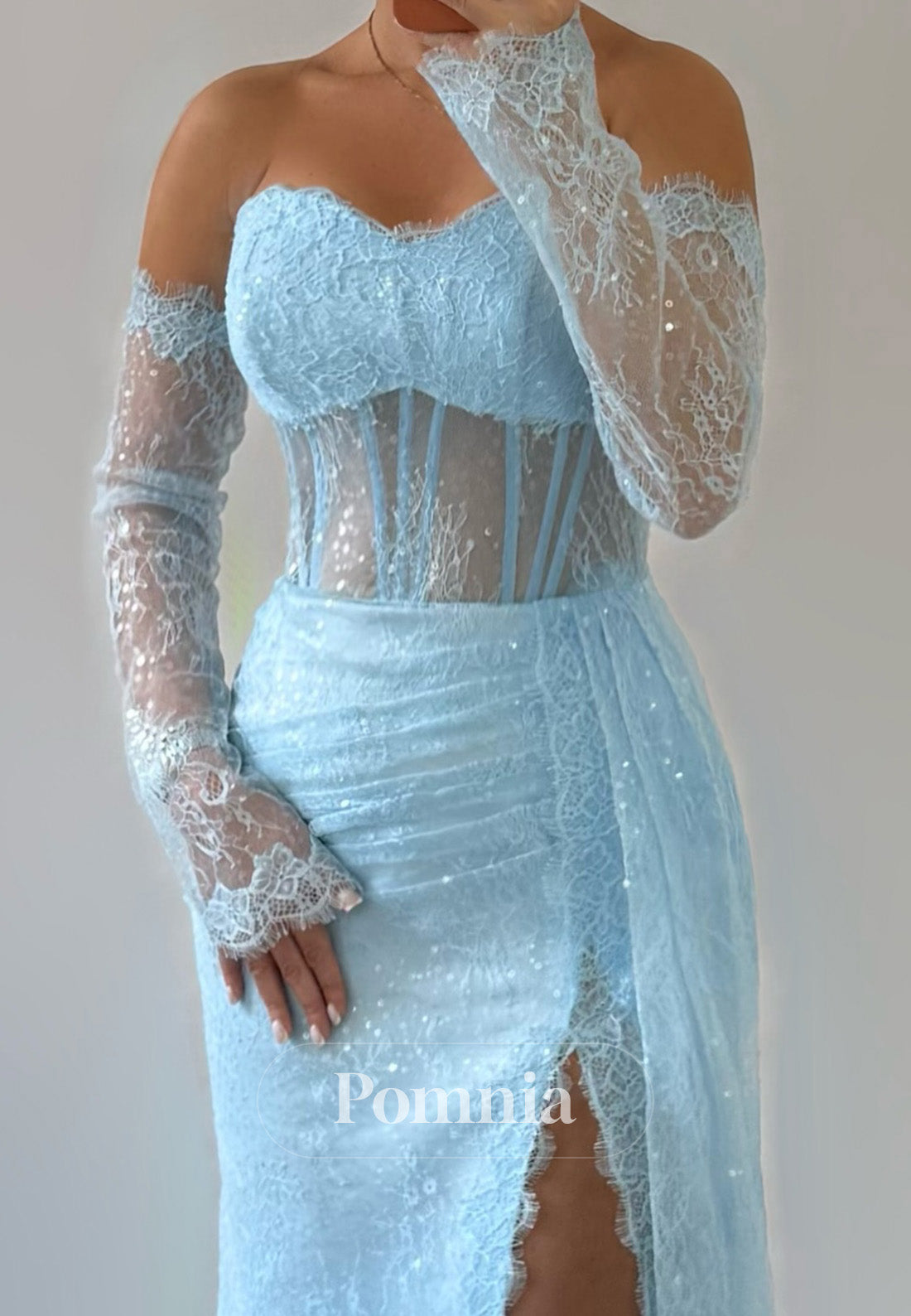 Sky Blue Off-Shoulder Long Sleeves Slit Corset Tulle Prom Dress