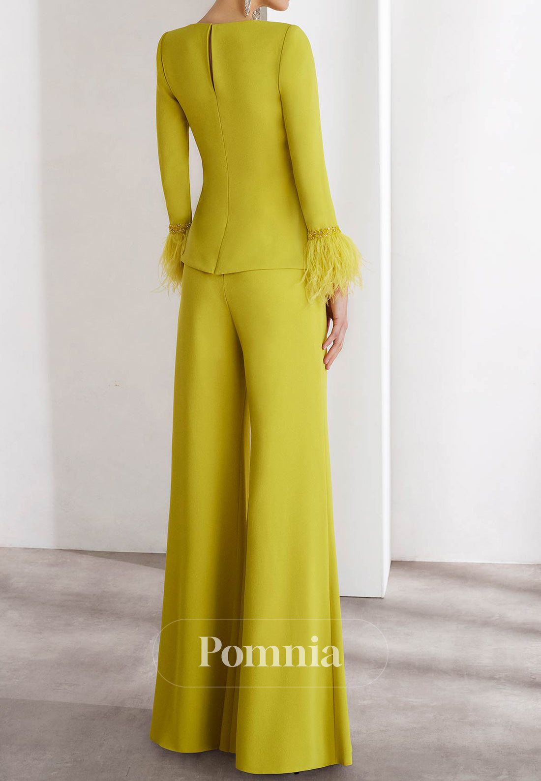 Jumpsuit Long Sleeves Scoop Feathers Mother of the Bride Dress