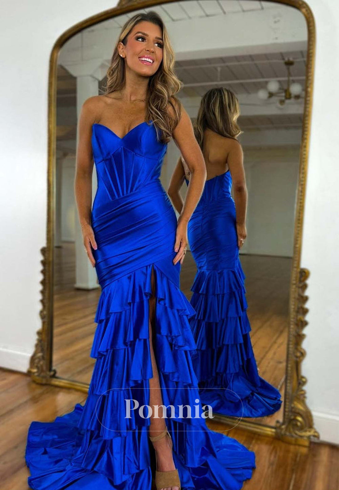 A-Line Sleeveless Strapless Prom Dress with Slit Ruffles Evening Party Dress