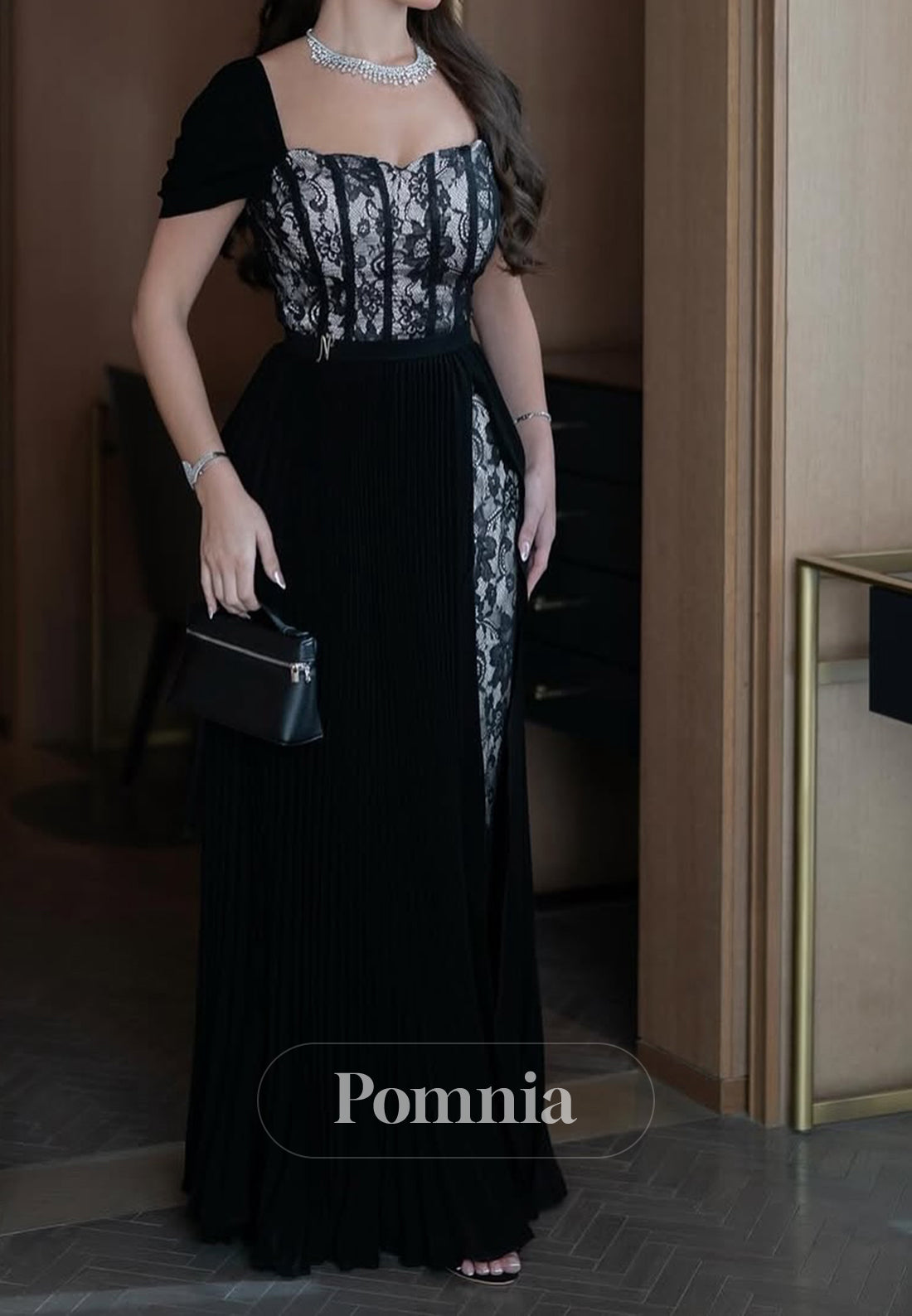 Black Short Sleeves Square Sequins A-Line Prom Dress