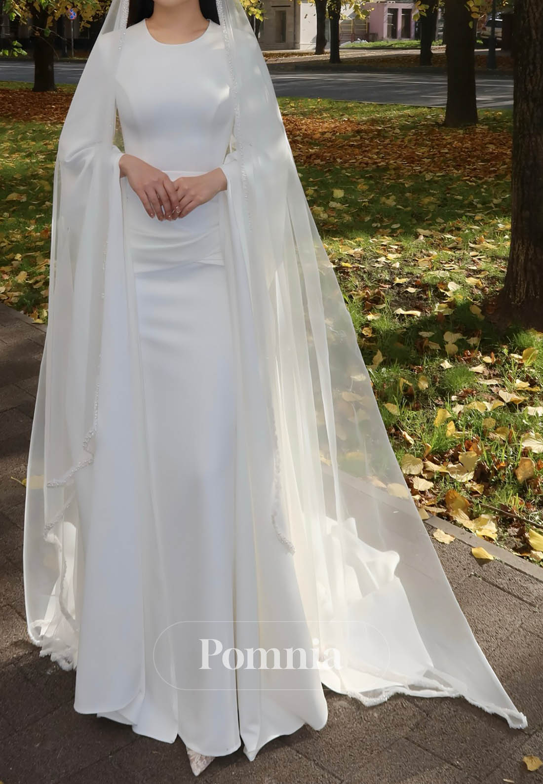 Elegant Long Sleeves Scoop Ruched A-Line Satin Wedding Dress