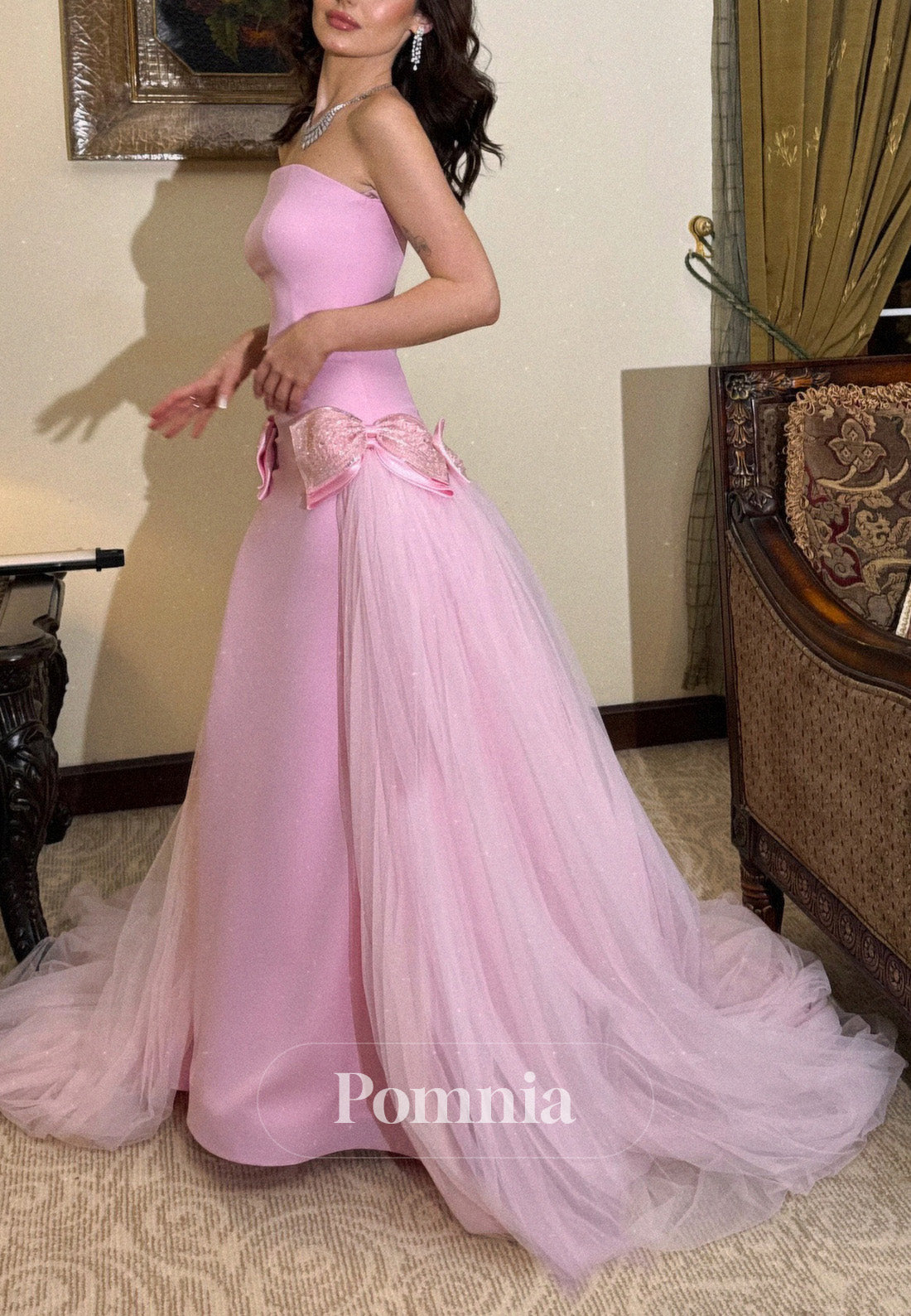 Blushing Pink Sleeveless Strapless Sweep Train Prom Dress