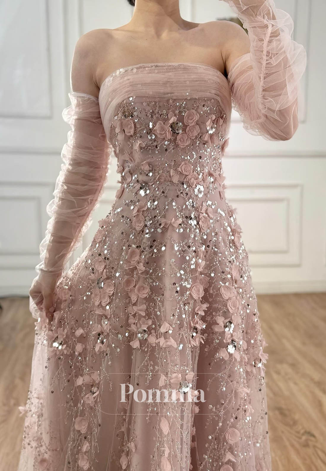 Blushing Pink Off-Shoulder Floral Appliques A-Line Prom Dress