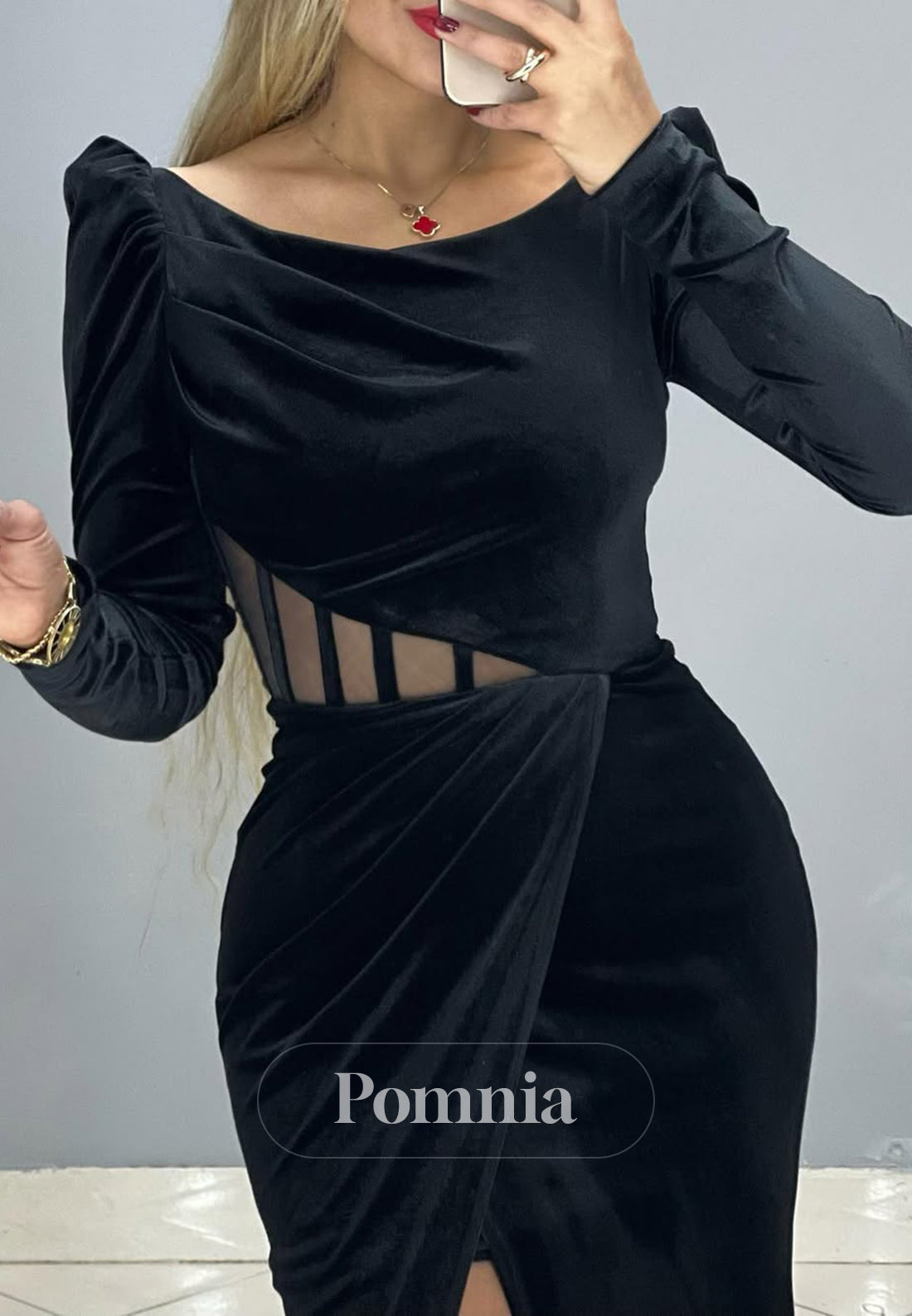 Long Sleeves Scoop Prom Dress with Slit Ruched Evening Party Dress