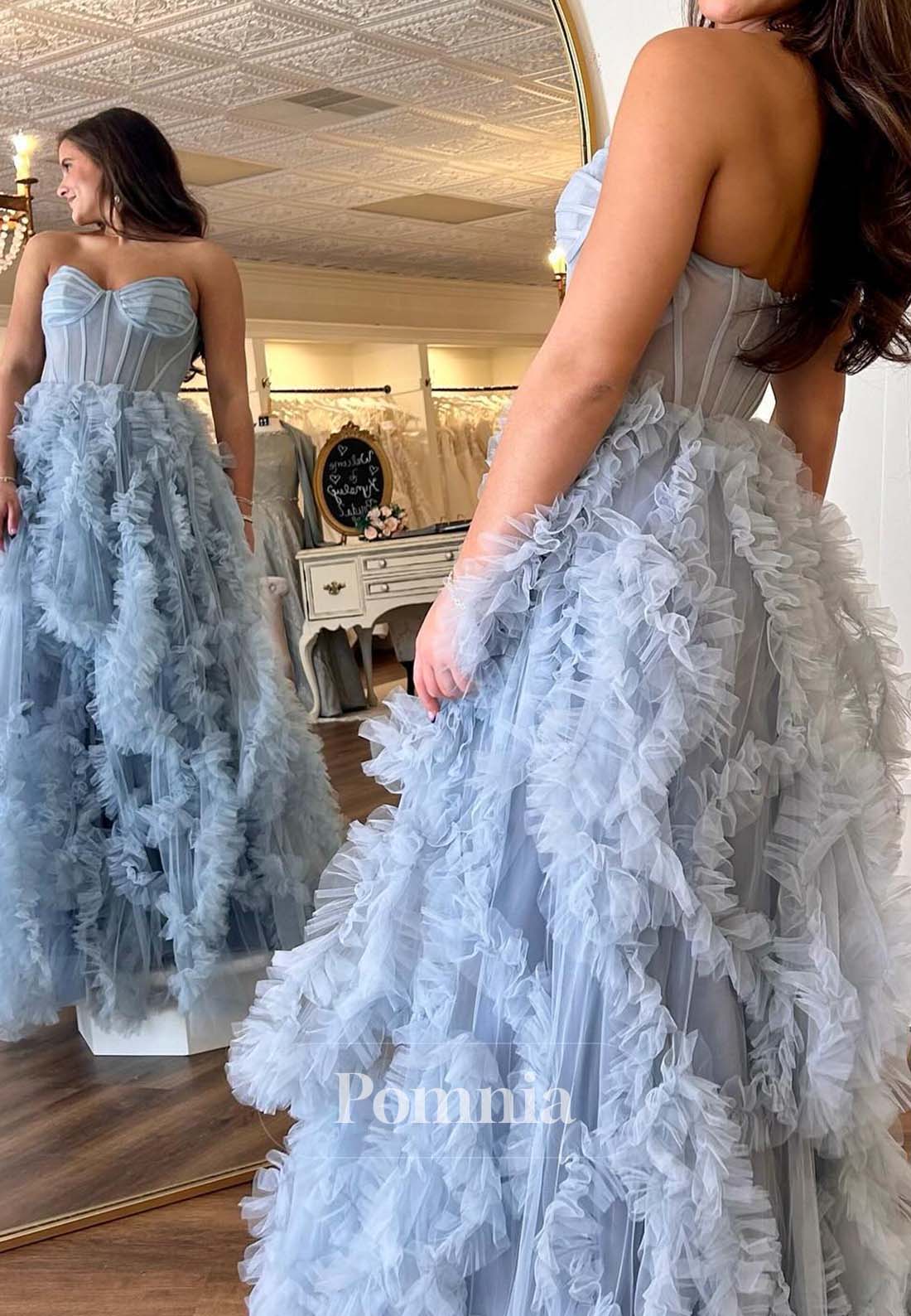 Frost A-Line Sleeveless Strapless Prom Dress with Slit Lace Party Dress